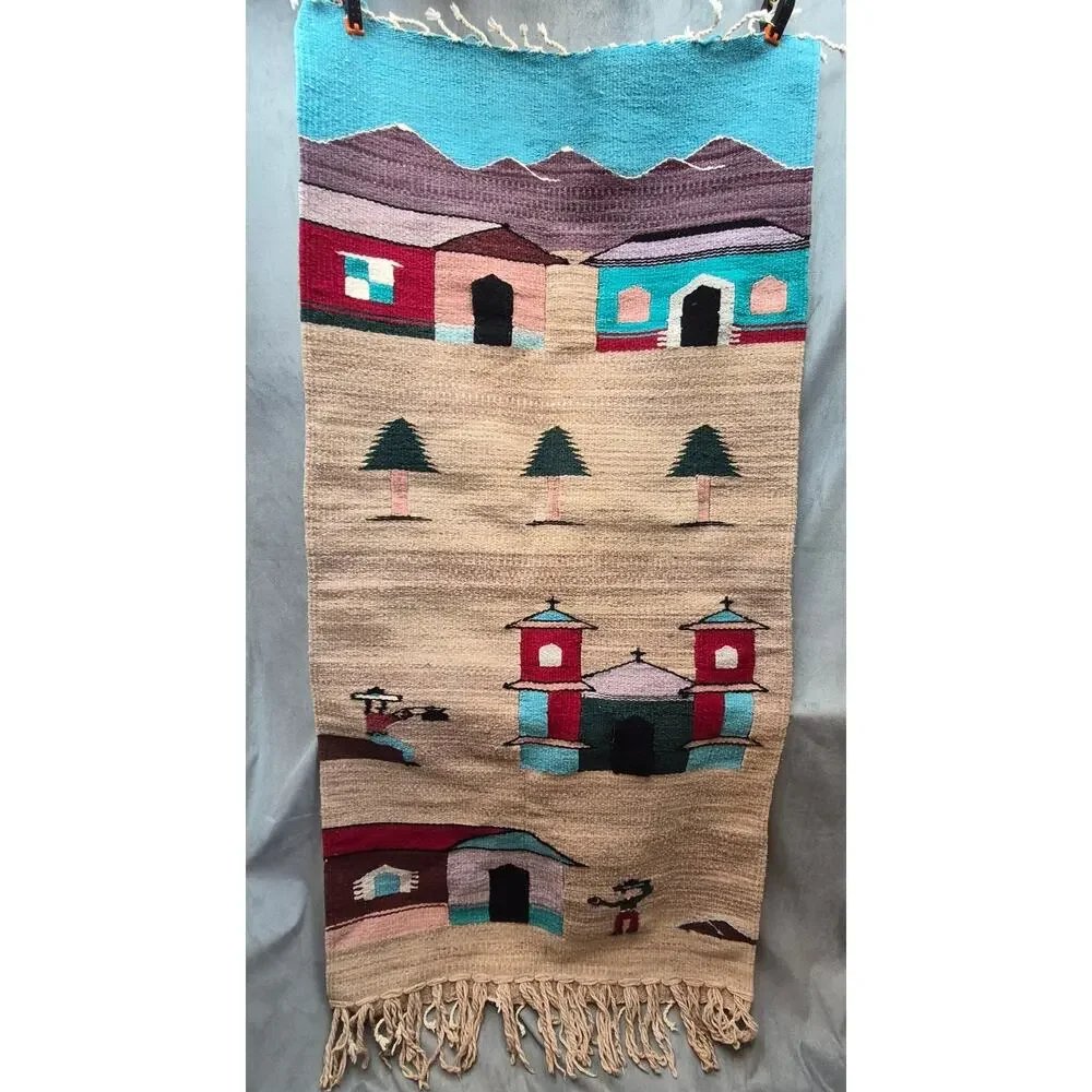 Vintage Mexican Southwest Village Church Scene Wool Tapestry/Wall Hanging Woven